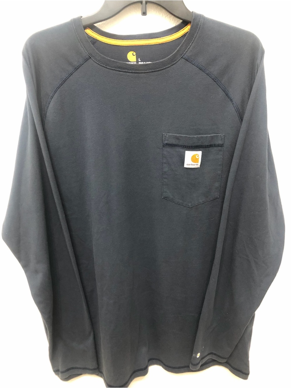 Carhartt Navy Long-Sleeve Pocket Crew Sweatshirt with Yellow Trim